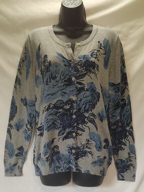 Basic Editions Gray Cardigan Sweater with Blue Floral Print